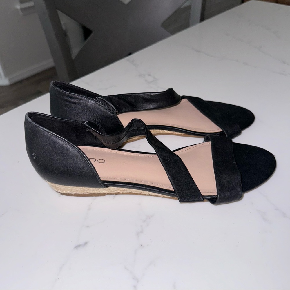 Aldo Leather Black Espadrille Bottom Flats.